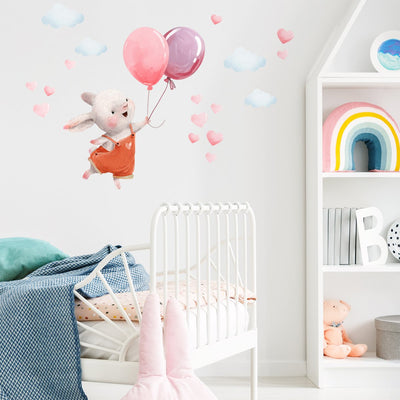 Naklejka na ścianę dla dzieci królik z dwoma różowymi balonami