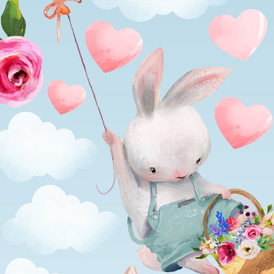 Kolorowa naklejka na ścianę dla dzieci królik z balonem i chmurkami