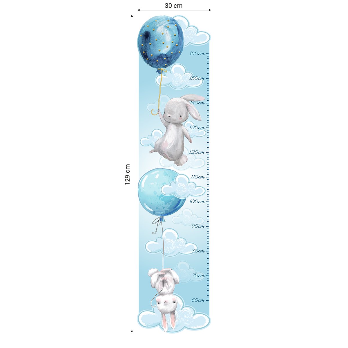 Naklejka dla dzieci miarka wzrostu - chmurki i niebieskie baloniki#kolor_niebieski