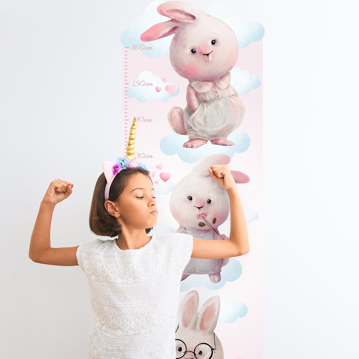 Naklejka na ścianę miarka wzrostu dla dzieci króliki i chmurki