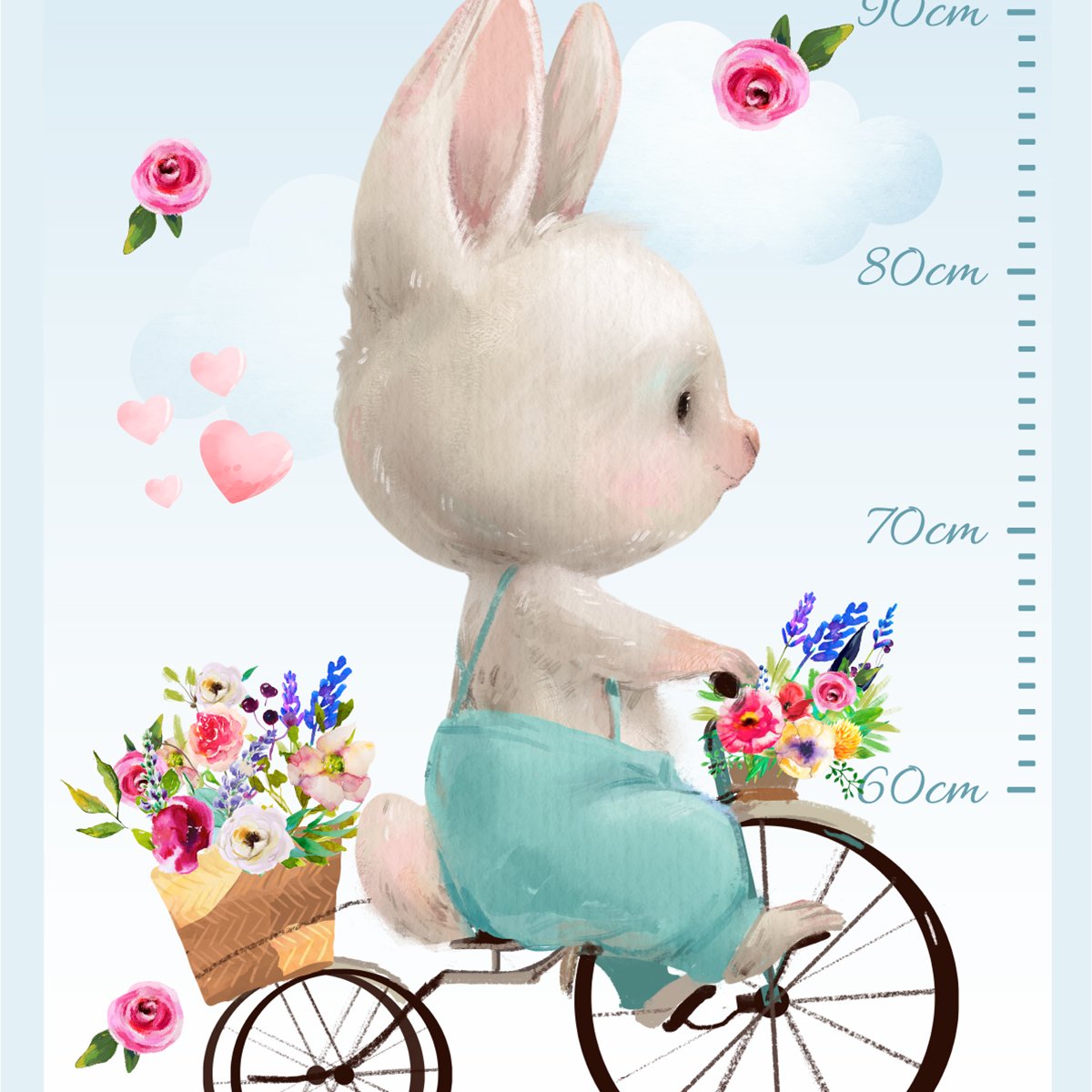 Naklejka na ścianę dla dzieci miarka wzrostu królik na rowerze i kwiaty