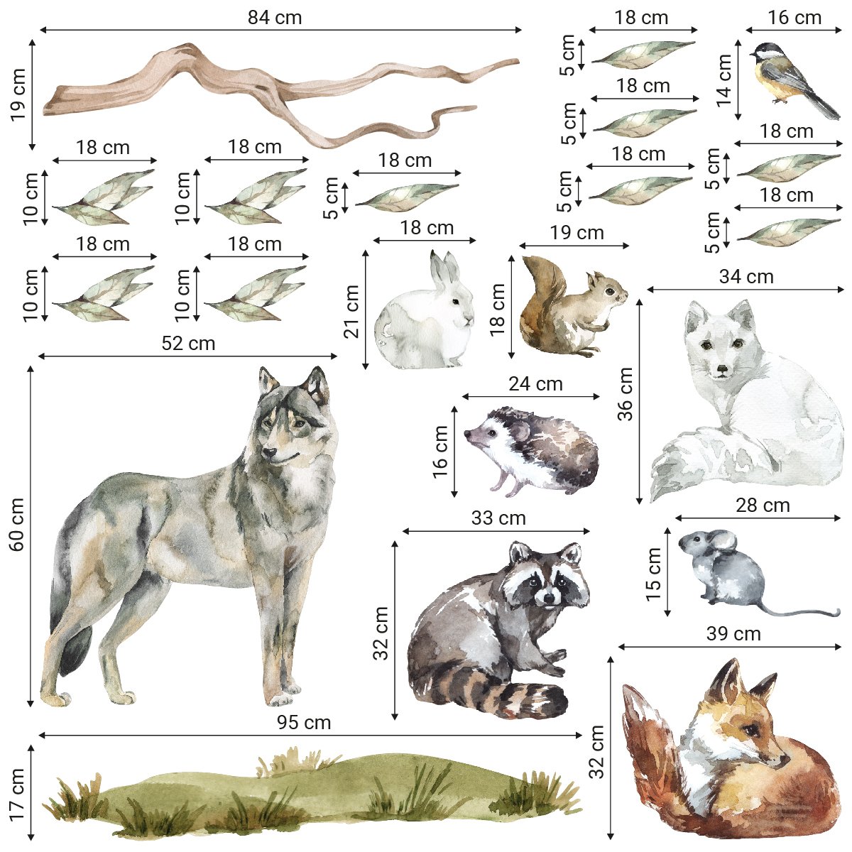 Naklejka na ścianę dla dzieci zwierzęta leśne, lis, wilk i wiewiórka