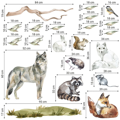Naklejka na ścianę dla dzieci zwierzęta leśne, lis, wilk i wiewiórka