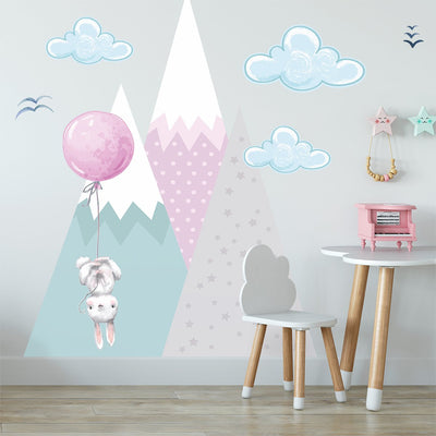 Naklejka na ścianę dla dziewczynki różowe góry i króliki#kolor_rozowy
