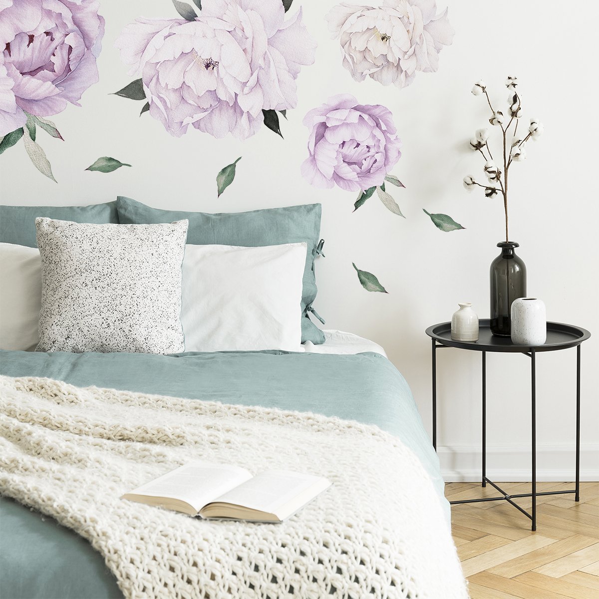 Naklejka na ścianę białe i fioletowe kwiaty piwonie do sypialni#kolor_fioletowy