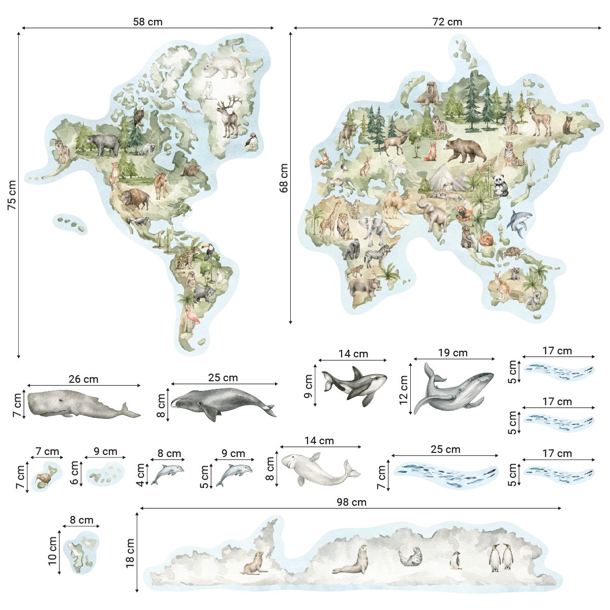 Naklejka edukacyjna mapa świata z dzikimi zwierzętami do przedszkola