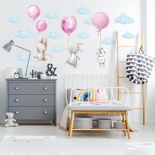 Naklejka królik i różowe balony dla dziewczynki#kolor_rozowy