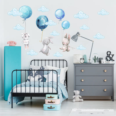 Naklejka do pokoju dziecięcego królik i balony#kolor_niebieski