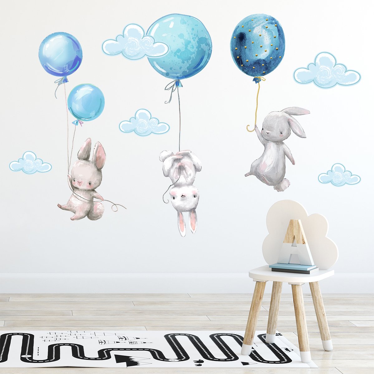 Naklejki ścienne latający królik i niebieskie balony#kolor_niebieski