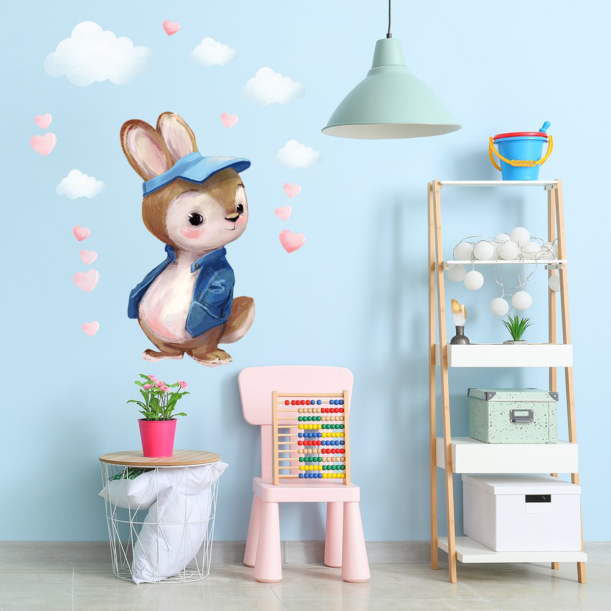 Duża, kolorowa naklejka królik i chmurki do pokoju chłopca