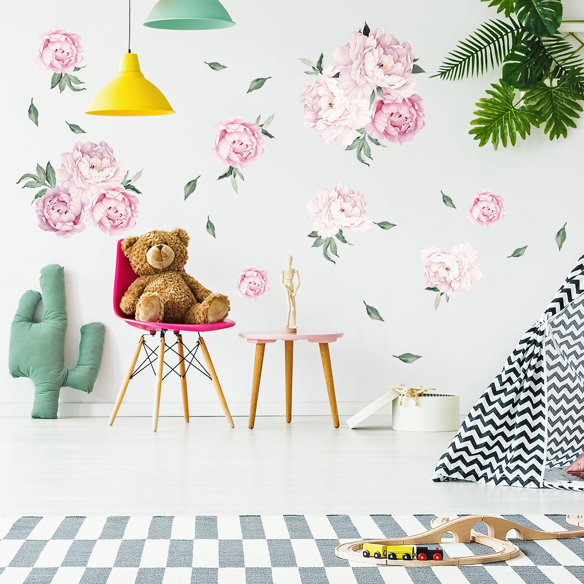 Naklejka na ścianę do pokoju dziecięcego różowe kwiaty i zielone liście#kolor_rozowy-mix