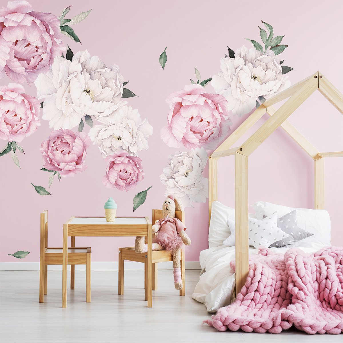 Naklejka na ścianę różowe i białe kwiaty piwonie do pokoju dziewczynki#kolor_rozowy