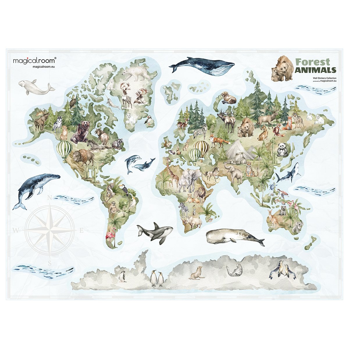 Edukacyjna naklejka na ścianę mapa świata ze zwierzętami dla dzieci