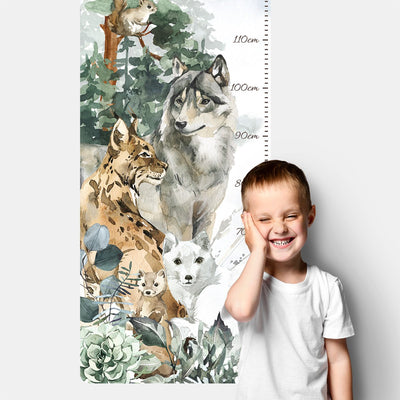 Naklejka na ścianę miarka wzrostu dla chłopca las i zwierzęta leśne