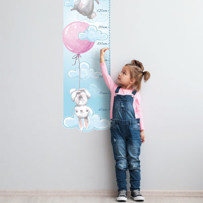 Naklejka na ścianę miarka wzrostu dla dzieci - różowe balony i króliczki#kolor_rozowy