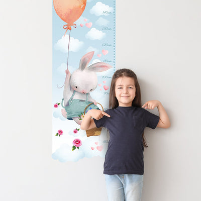 Naklejka na ścianę miarka wzrostu dla dzieci królik, balon i kwiaty