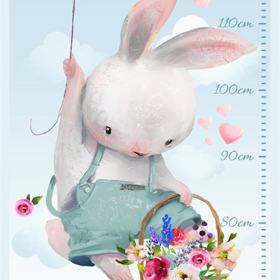 Naklejka na ścianę miarka wzrostu dla dziecka króliczek z kwiatami