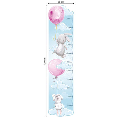Naklejka miarka wzrostu dla dziecka - króliki i latające różowe baloniki#kolor_rozowy