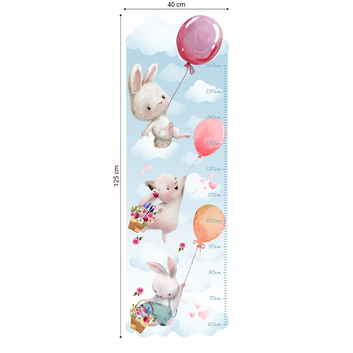 Naklejka na ścianę miarka wzrostu dla dziewczynki trzy króliki i baloniki
