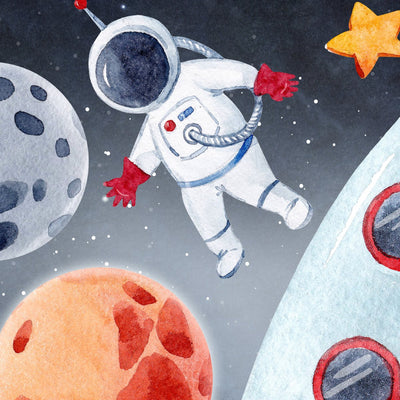 Kolorowa naklejka na ścianę dla chłopca astronauta, planety i gwiazdy