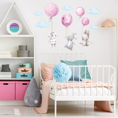 Naklejka na ścianę dla dzieci balony i króliki#kolor_rozowy