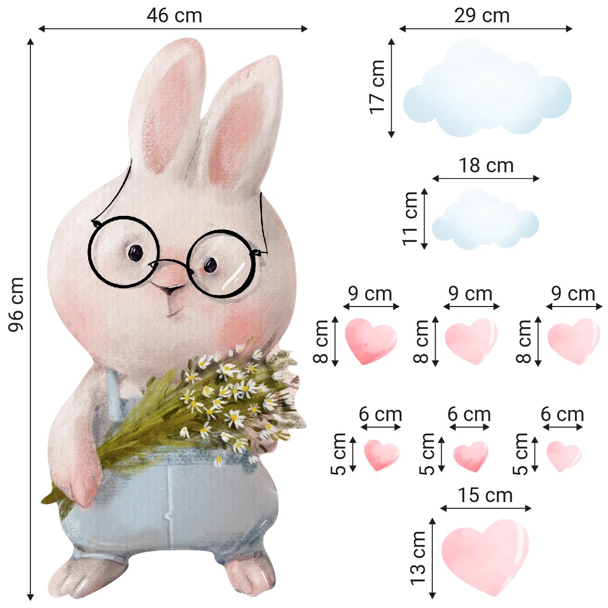 Kolorowa naklejka na ścianę dla dziecka króliczek w okularach, chmurki i serduszka