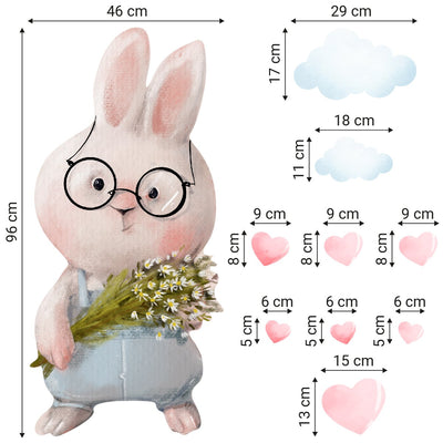 Kolorowa naklejka na ścianę dla dziecka króliczek w okularach, chmurki i serduszka