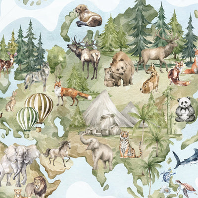 Naklejka na ścianę dla dziewczynki mapa świata z dzikimi zwierzętami