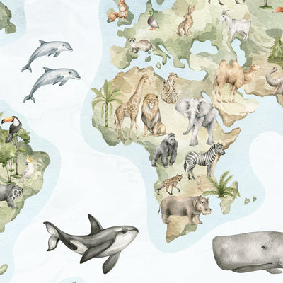 Naklejka edukacyjna do pokoju dziecięcego z mapą świata z dzikimi zwierzętami