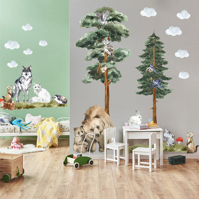 Duża, kolorowa naklejka na ścianę drzewa, las i zwierzęta do pokoju dziecięcego