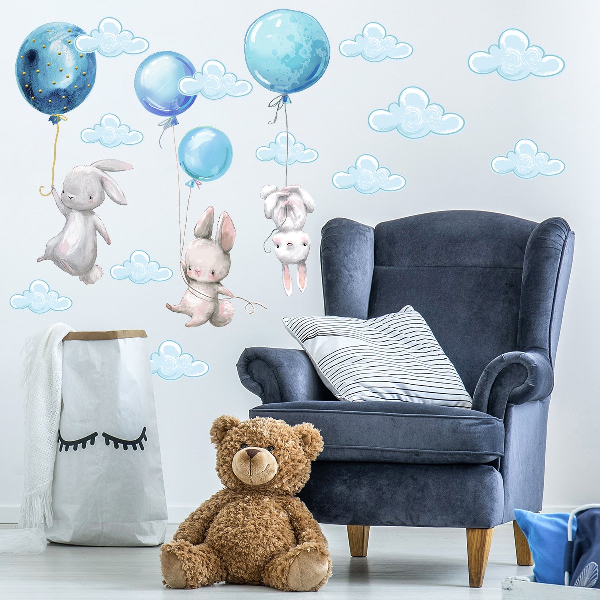 Naklejka na ścianę króliczki i niebieskie baloniki#kolor_niebieski