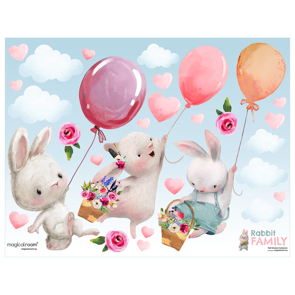 Kolorowa naklejka na ścianę trzy króliczki, baloniki i chmurki do pokoju dziecięcego