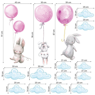 Naklejka na ścianę dla dzieci królik i różowe baloniki#kolor_rozowy