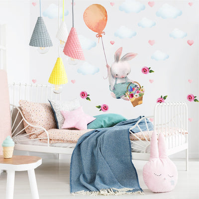 Naklejka na ścianę dla dziewczynki królik, balon i kwiaty