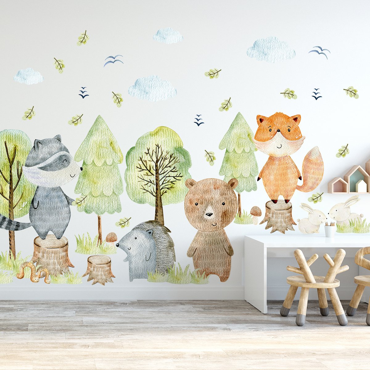 Naklejka na ścianę do przedszkola - las i zwierzęta leśne - duży zestaw