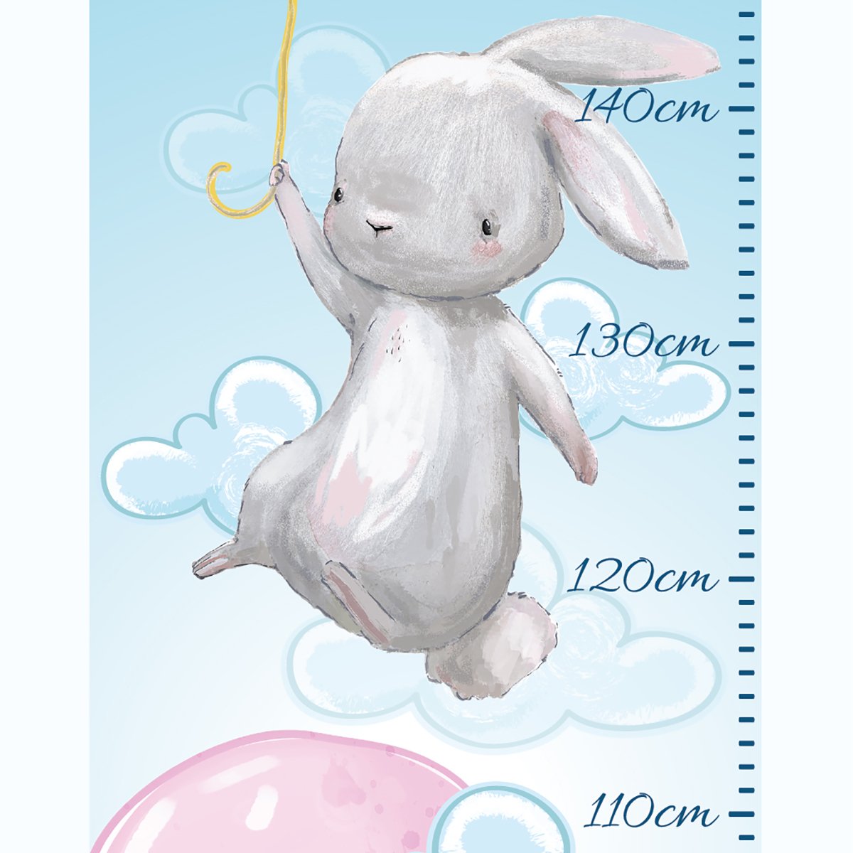 Naklejka na ścianę miarka wzrostu - różowy balonik i latające króliczki#kolor_rozowy
