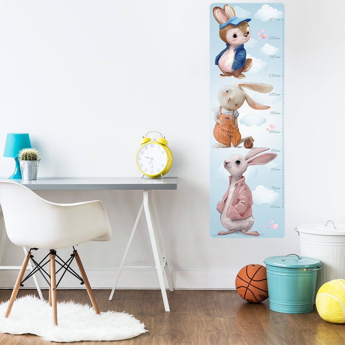 Kolorowa naklejka na ścianę miarka wzrostu dla chłopca trzy króliki
