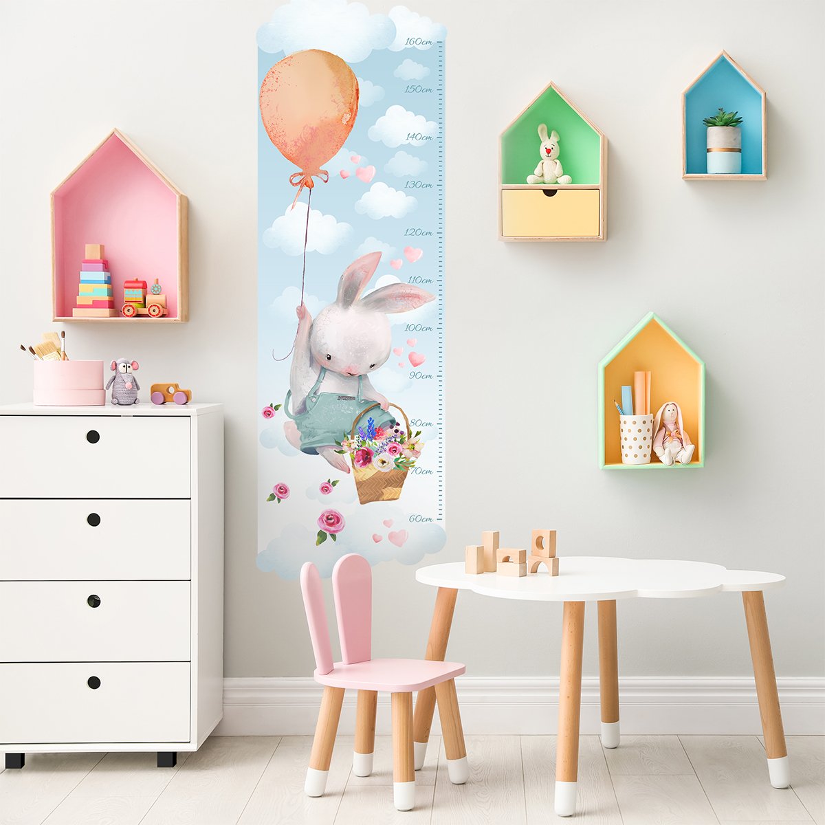 Naklejka na ścianę miarka wzrostu dla dzieci króliczek lecący na baloniku