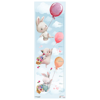 Kolorowa naklejka na ścianę miarka wzrostu dla dziecka króliczki i balony