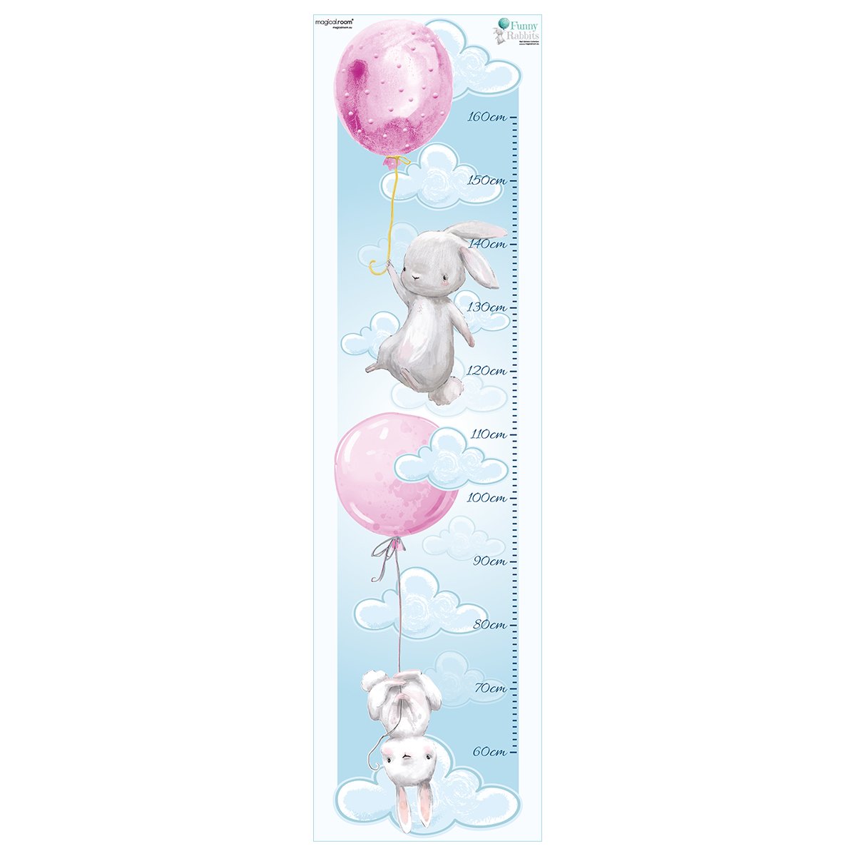 Naklejka na ścianę miarka wzrostu dla dzieci - króliki i latające baloniki#kolor_rozowy