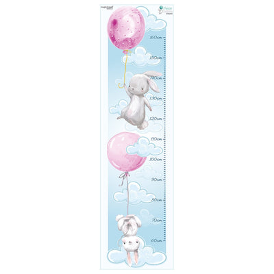 Naklejka na ścianę miarka wzrostu dla dzieci - króliki i latające baloniki#kolor_rozowy