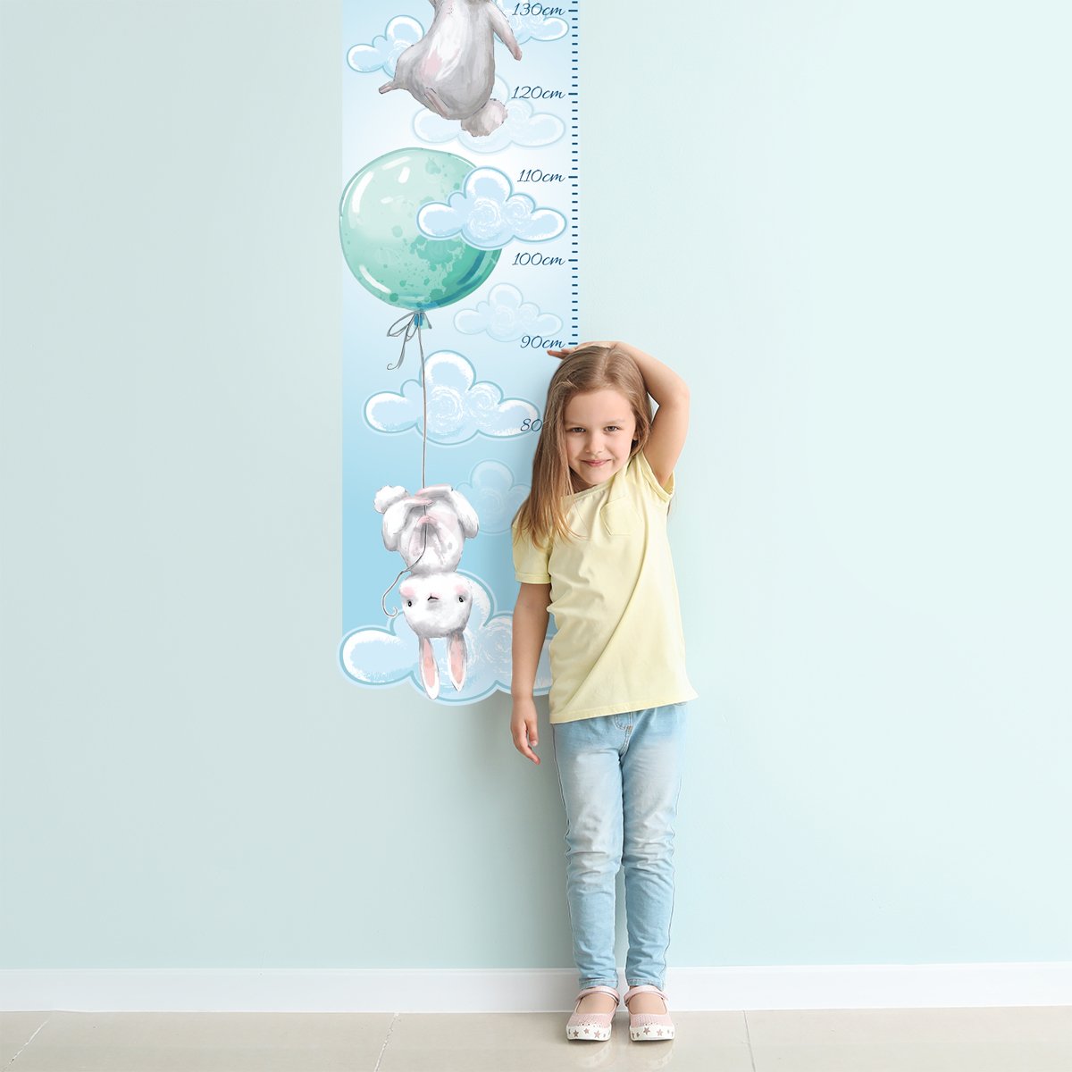 Naklejka na ścianę miarka wzrostu - miętowe balony i króliki#kolor_mietowy