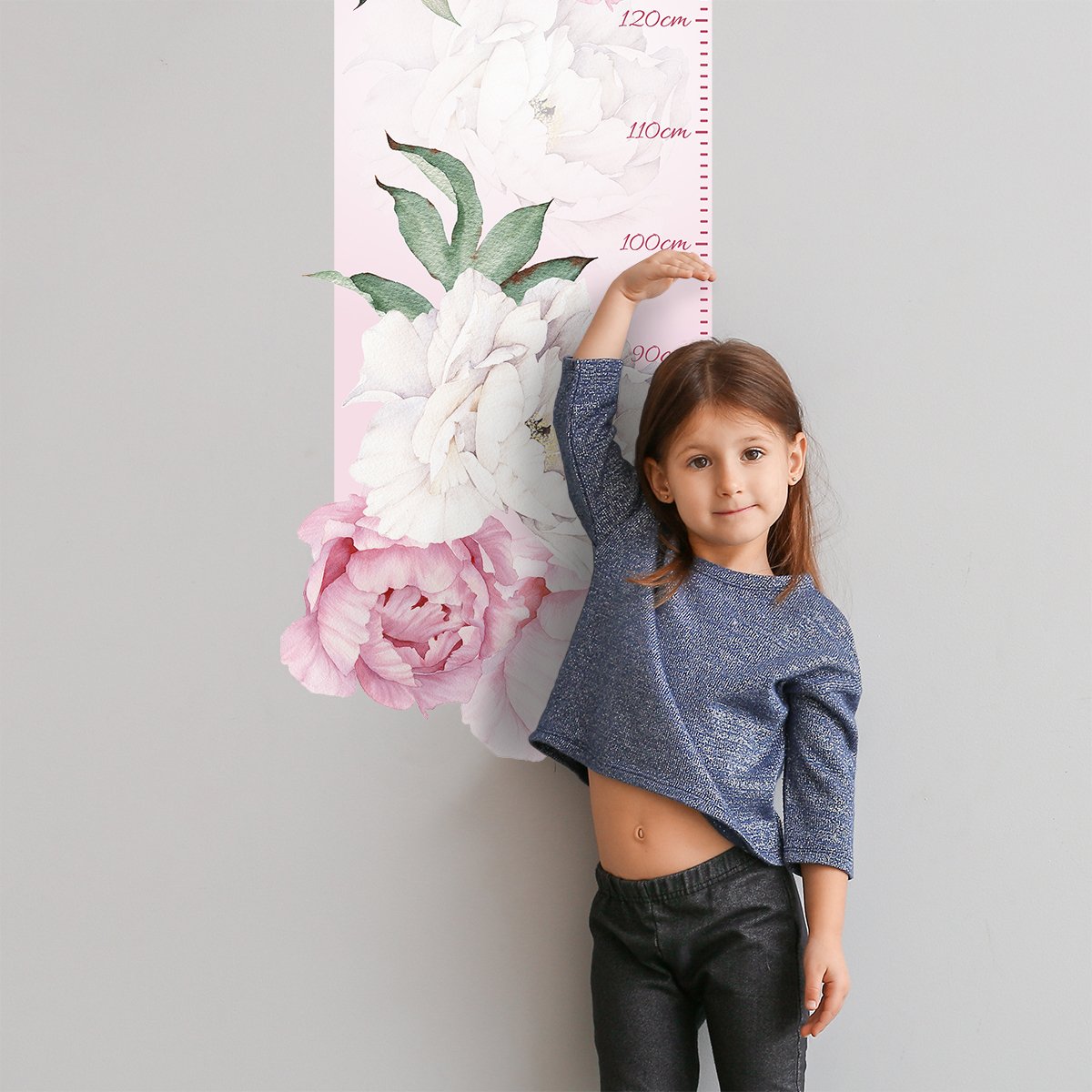 Naklejka na ścianę dla dziewczynki miarka wzrostu różowe piwonie#kolor_rozowy