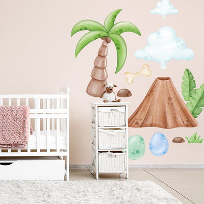 Naklejka na ścianę do pokoju dziecięcego, wulkan, chmury, jajka i palma 