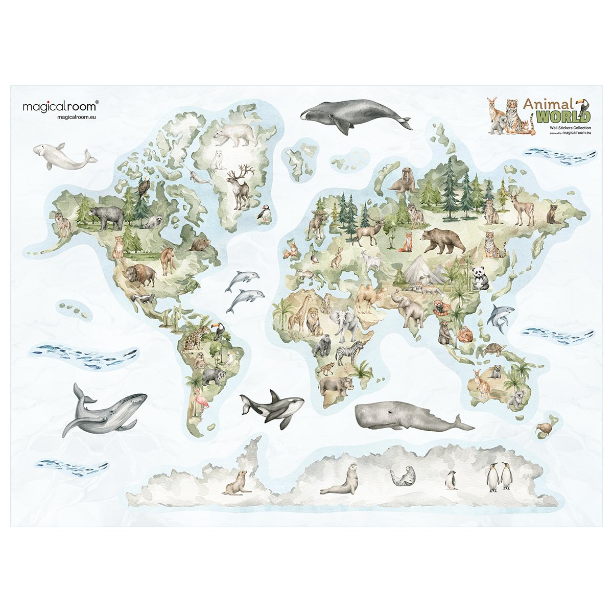 Naklejka ścienna dla dzieci mapa świata ze zwierzętami