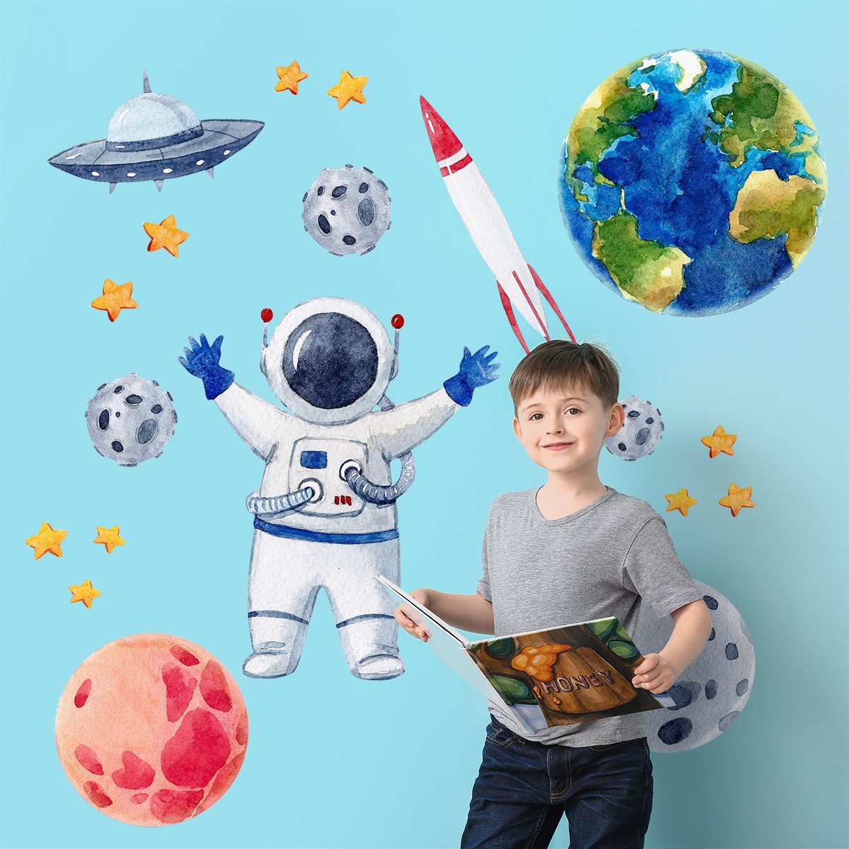 Naklejki na ścianę dla dzieci astronauta, planety i ufo