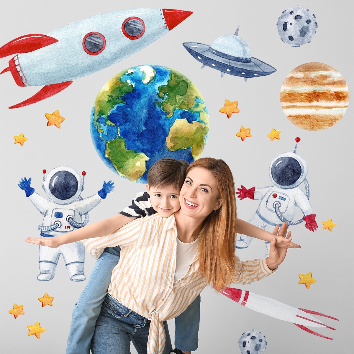 Kolorowe naklejki na ścianę dla dzieci gwiazdki, rakieta i planety