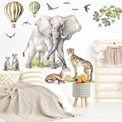 Naklejki dla dzieci zwierzęta Afryki słoń, surykatki, gazela i gepard na ścianie nad łóżkiem w pokoju dziecięcym - inspiracja aranżacji ścian pokoju dziecięcego