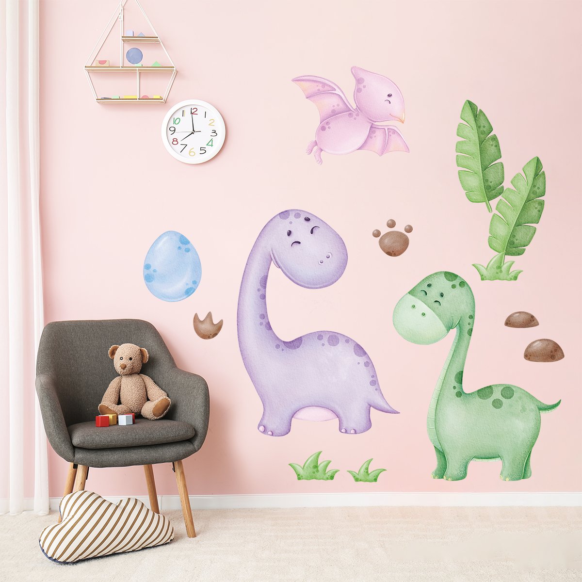 Naklejki na ścianę dla dziewczynki dinozaury, diplodoki i pterodaktyl 