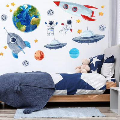 Kolorowe naklejki na ścianę dla dziewczynki kosmos, galaktyka, rakieta i ufo